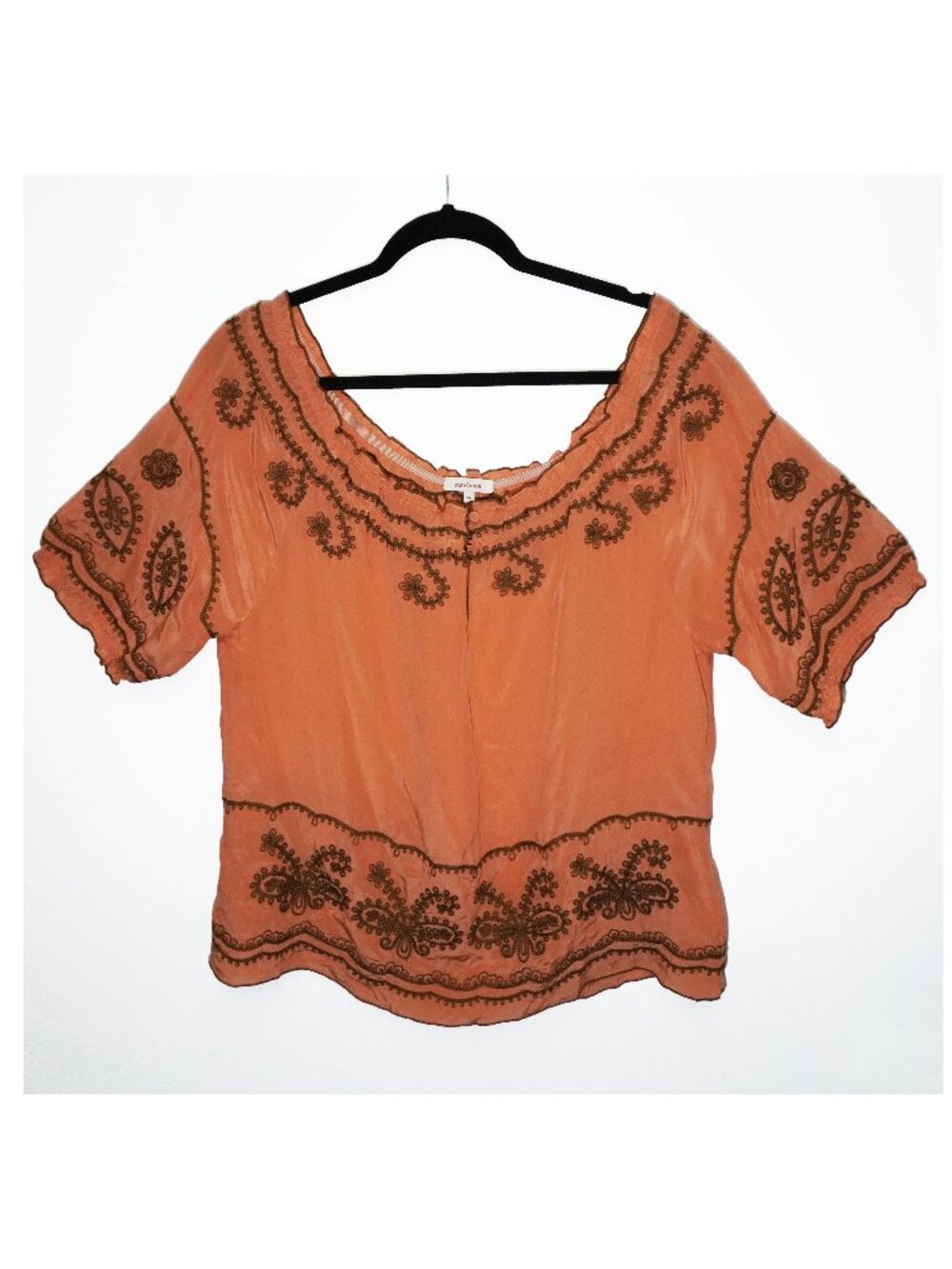Sundance Silk Embroidered Boho Sheer Tunic Off Shoulder Orange Blouse Womens M